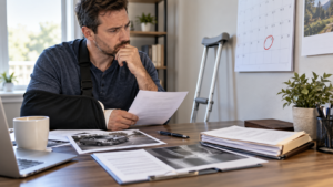 Accident victim reviewing personal injury claim deadline paperwork, calendar, medical records, and insurance documents