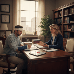 Personal injury lawyer providing a free consultation to an accident victim.