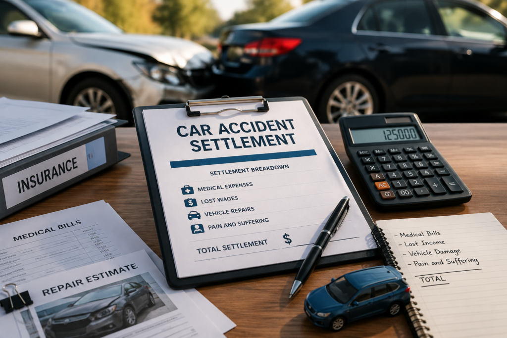 Accident victim reviewing car accident settlement paperwork with medical bills, repair estimates, and insurance documents