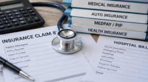 Accident victim reviewing medical bills, insurance paperwork, and treatment records after a car accident