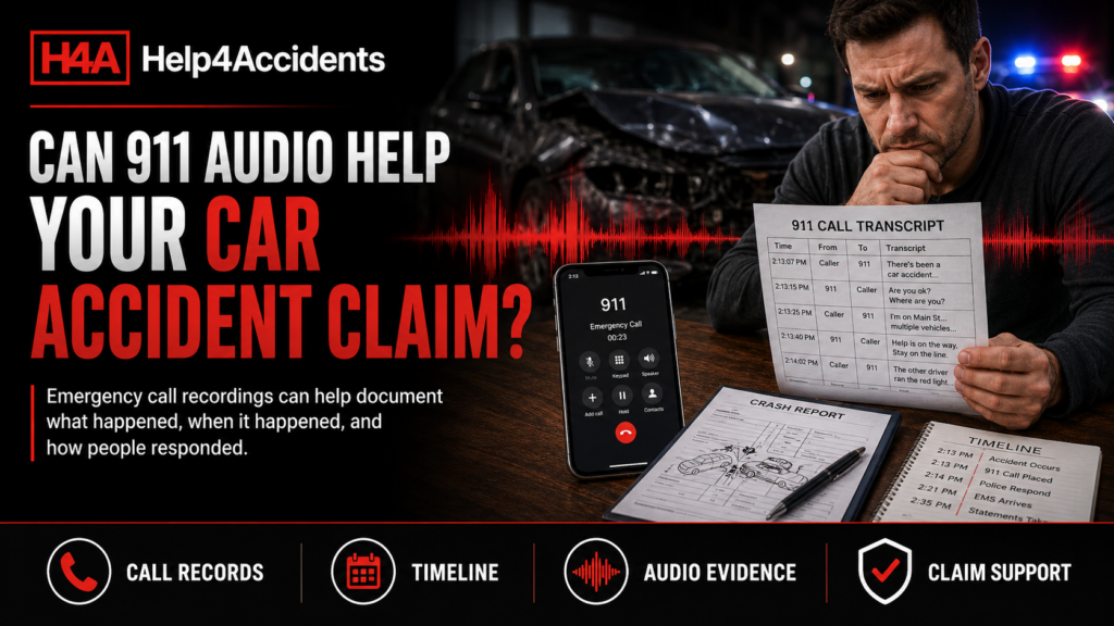Accident investigator reviewing a 911 call recording and emergency dispatch timeline after a car crash