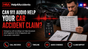 Accident investigator reviewing a 911 call recording and emergency dispatch timeline after a car crash