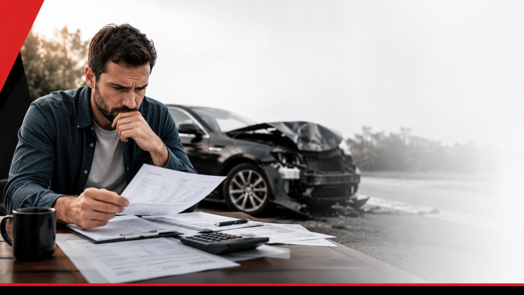 Vehicle owner reviewing an auto loan statement after the financed car was declared a total loss