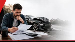 Vehicle owner reviewing an auto loan statement after the financed car was declared a total loss