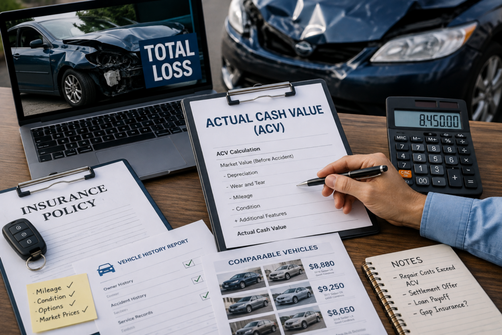 Driver reviewing actual cash value paperwork, repair estimate, and insurance documents after a totaled car accident