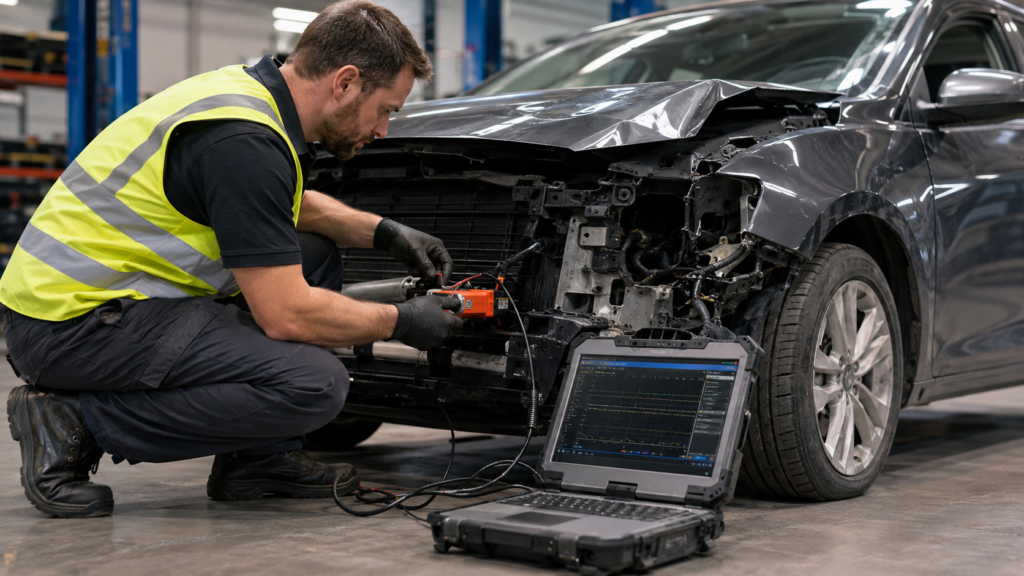Crash reconstruction specialist connecting diagnostic equipment to preserve black box data from a damaged vehicle