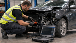 Crash reconstruction specialist connecting diagnostic equipment to preserve black box data from a damaged vehicle