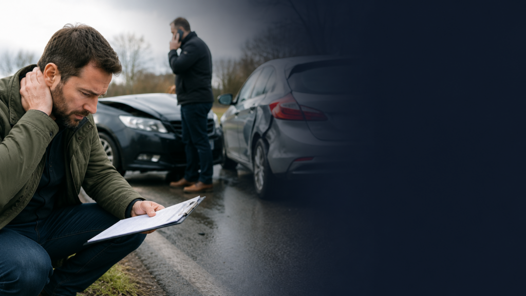 Accident victim reviewing car accident laws, insurance paperwork, police report, and medical bills after a crash