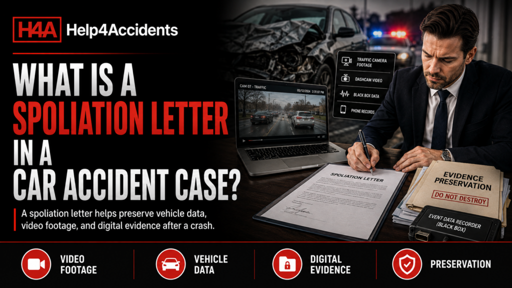 Attorney preparing a spoliation letter to preserve vehicle data, video footage, and digital evidence after a car accident