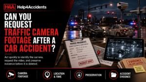Traffic camera overlooking an intersection while accident investigators review crash footage on a computer