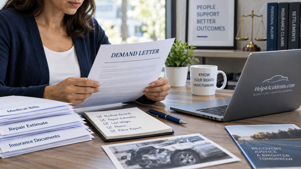 Accident victim preparing a car accident demand letter with medical bills, repair estimates, and insurance documents