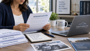 Accident victim preparing a car accident demand letter with medical bills, repair estimates, and insurance documents