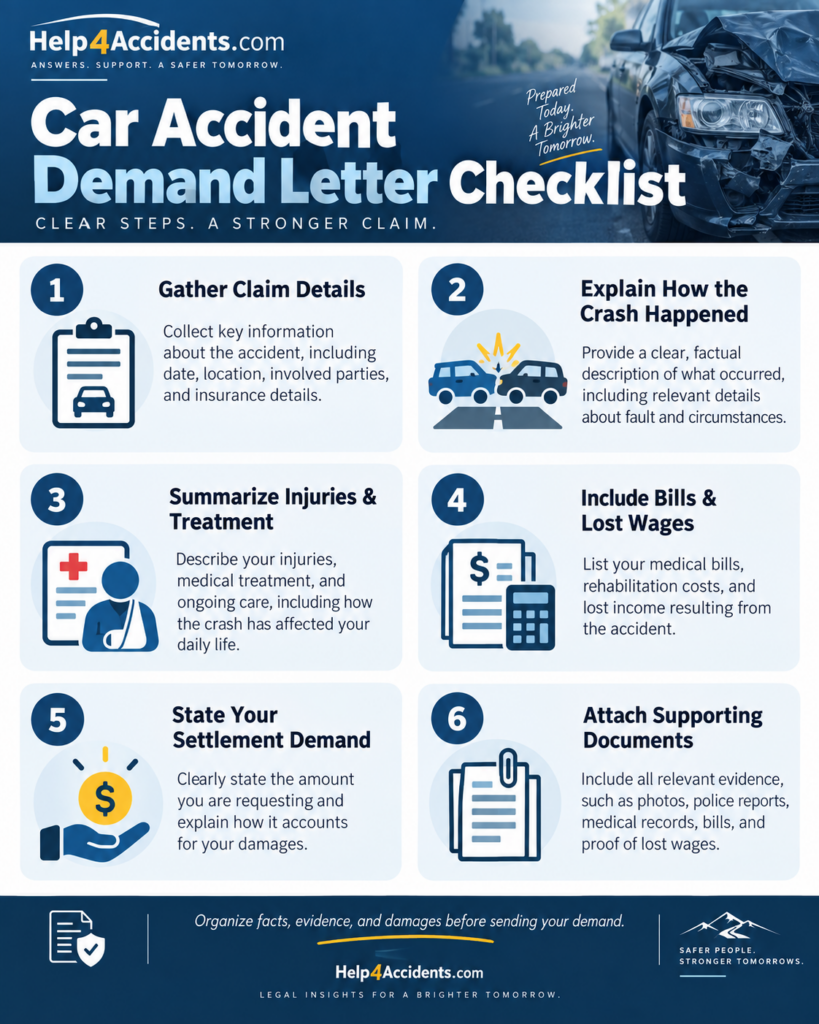 Accident victim preparing a car accident demand letter with medical bills, repair estimates, and insurance documents