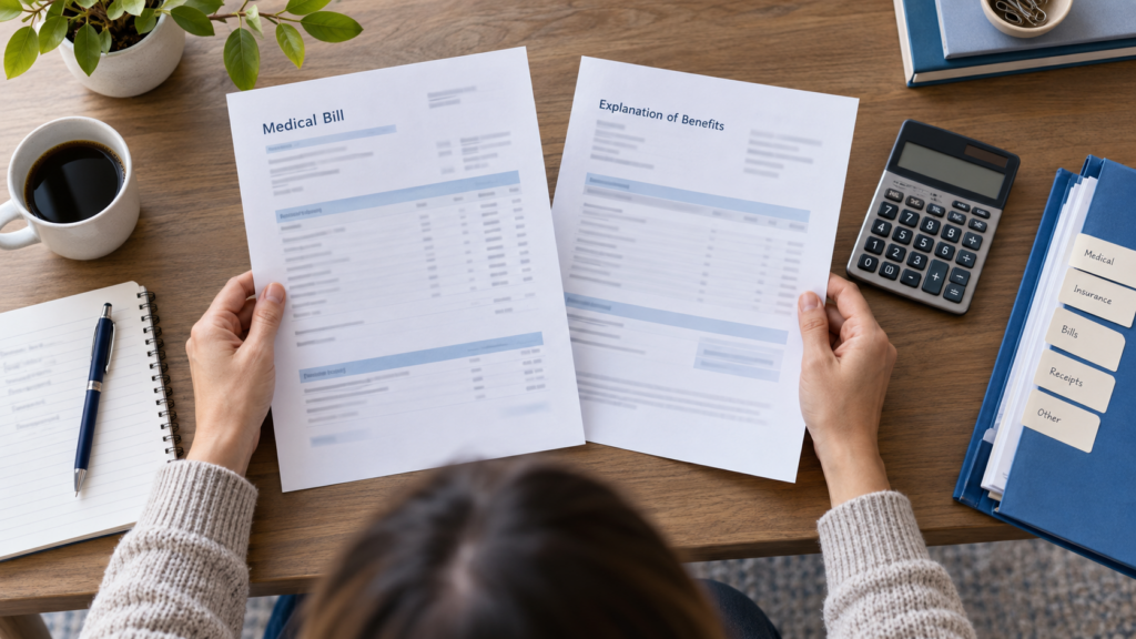 Person comparing an itemized medical bill with an insurance explanation of benefits