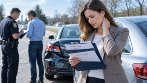 Injured driver holding neck after a car accident while reviewing whiplash settlement documents and medical records