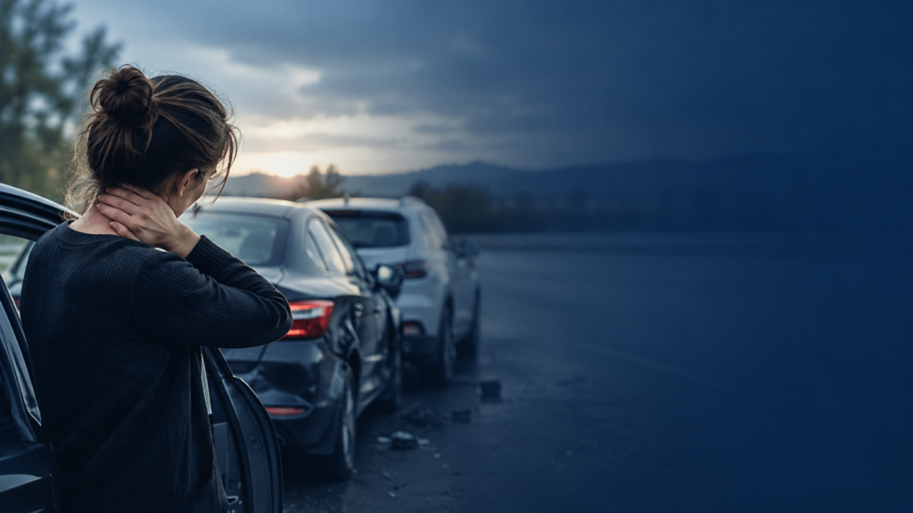 Injured driver holding neck after a car accident while reviewing whiplash settlement documents and medical records