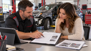 Vehicle owner reviewing a car accident repair estimate at an auto body shop