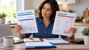 Person comparing an explanation of benefits with a medical bill after a car accident