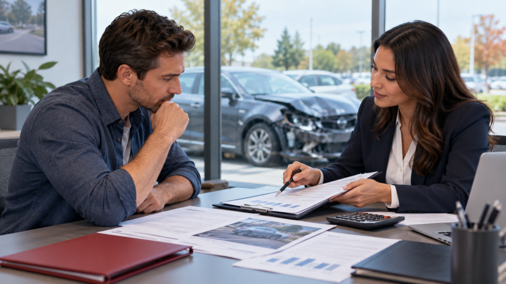 Driver reviewing GAP coverage and auto-loan documents after a vehicle is declared a total loss