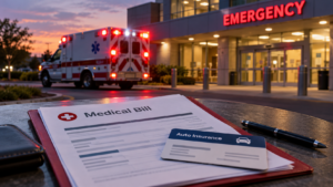 Ambulance outside an emergency department with a generic medical bill and auto insurance card