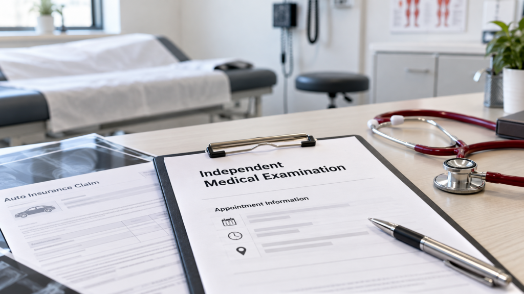 Independent medical examination paperwork in a medical exam room