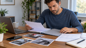 Driver organizing an accident report, repair estimate, photographs, and insurance claim information for a third-party claim